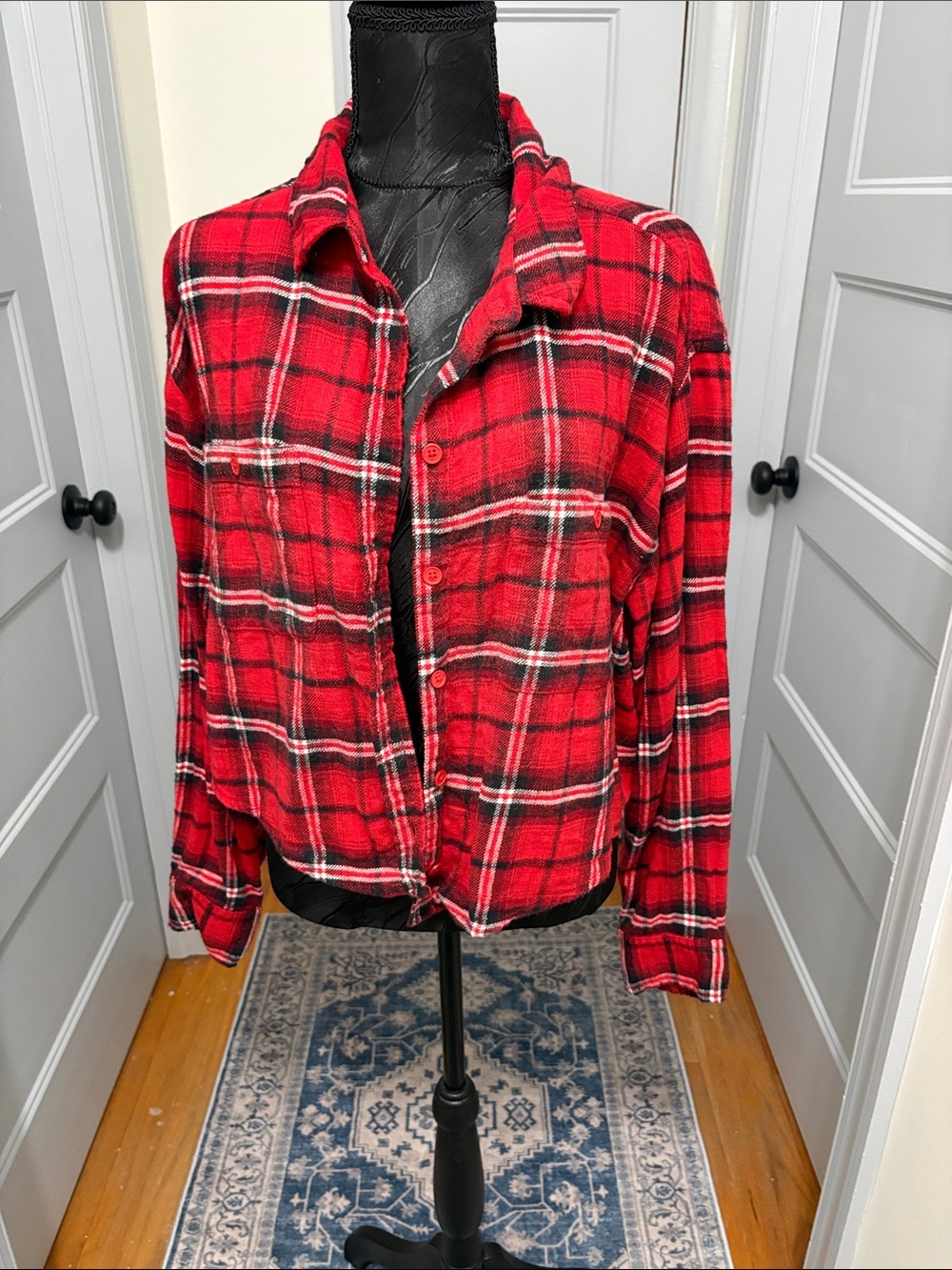 Women's Red Cropped Flannel Button-Up